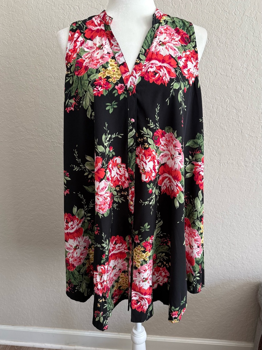 Umgee Black Floral Sleeveless Tunic Dress Button Front NWT Small